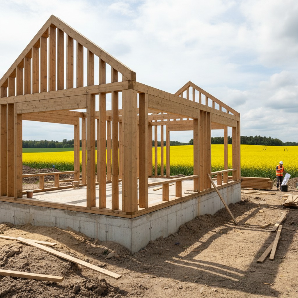 Træskelettet til et nyt hus står på et betongrundt fundament foran en gul rapsmark under en delvist skyet himmel.